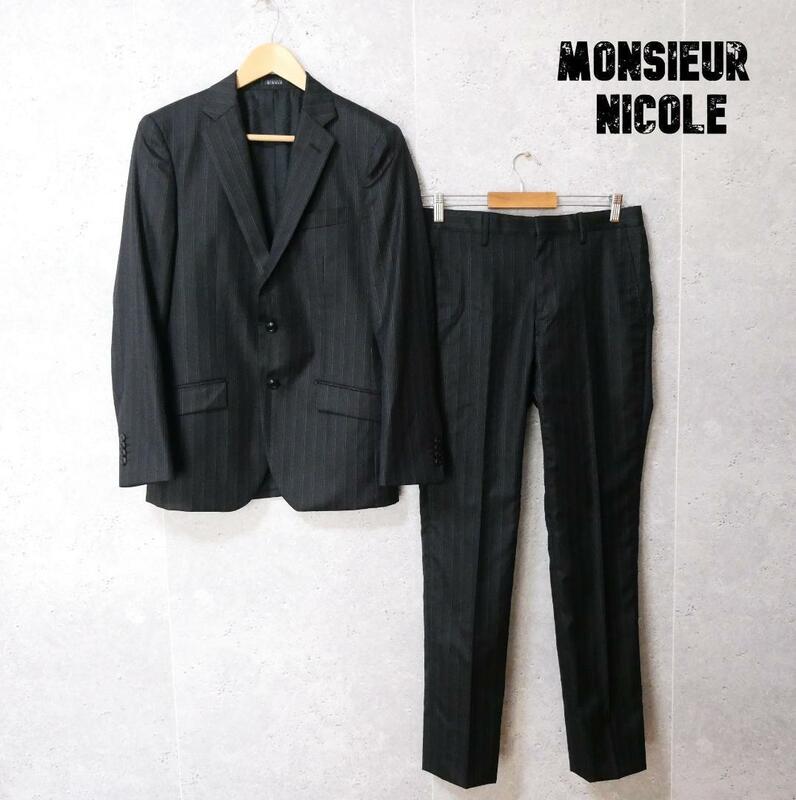 美品 MONSIEUR NICOLE ムッシュニコル サイズ46 黒 セットアップ スーツ ストライプ柄 ペイズリー柄 シングル テーラードジャケット パンツ