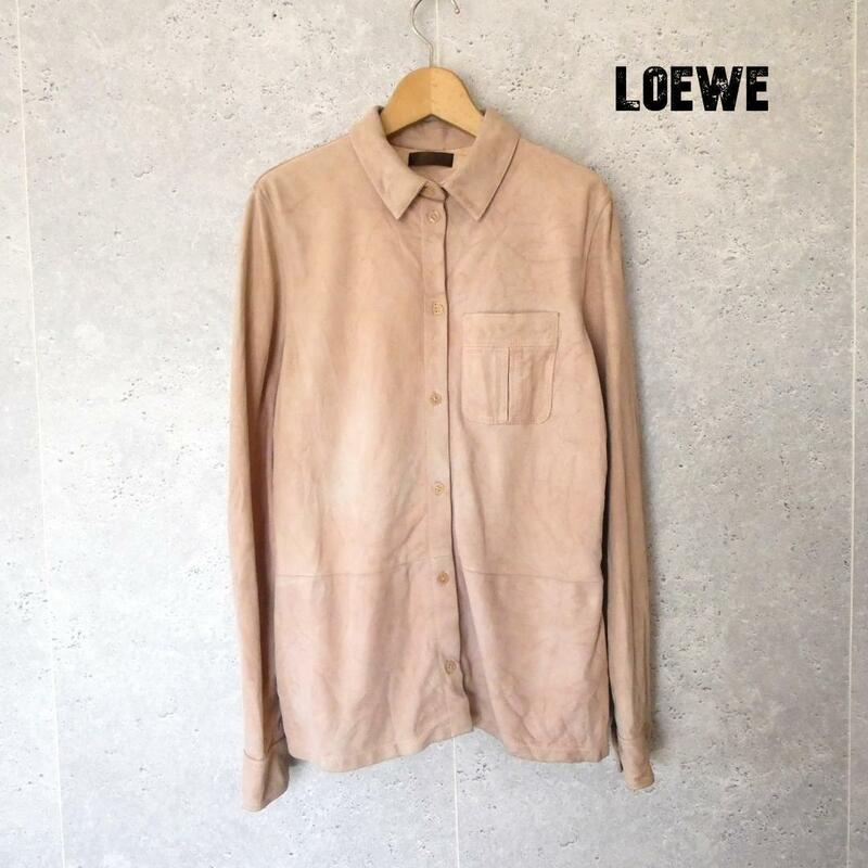 良品 LOEWE ロエベ サイズ40 シルク100％ スエード 長袖 シャツ ブラウス ジャケット ピンクベージュ