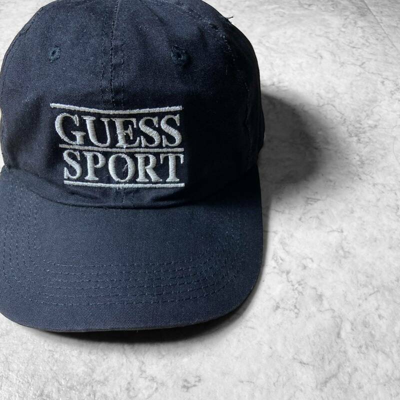 《希少》 1990'S 90S GUESS SPORT ゲス スポーツ (FREE) コットン スナップバック キャップ ブラック ビンテージ オールド アーカイブ
