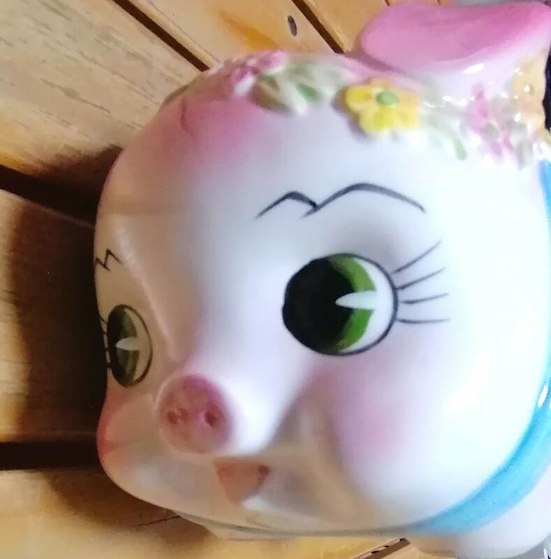 かわいい　豚　ぶた　レトロ　貯金箱　ピンク　カラフル　陶器