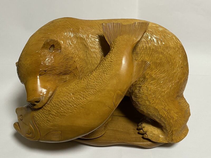熊クマ 鮭シャケ木彫り 置物 北海道 レトロ昭和 アイヌ インテリア