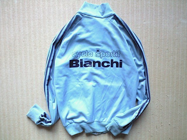 即決 1点物 Bianchi ビアンキ カラー 80s カナダ製 ヴィンテージ adidas 胸３本ライン ジャージ Mサイズ 水 x ネイビー アディダス