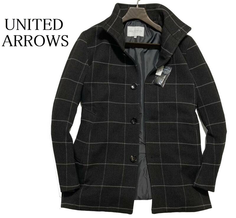 56493 新品▼ ユナイテッドアローズ　英国伝統ウィンドウペンチェック　レイズドネックコート　UNITED ARROWS　グレー(L)