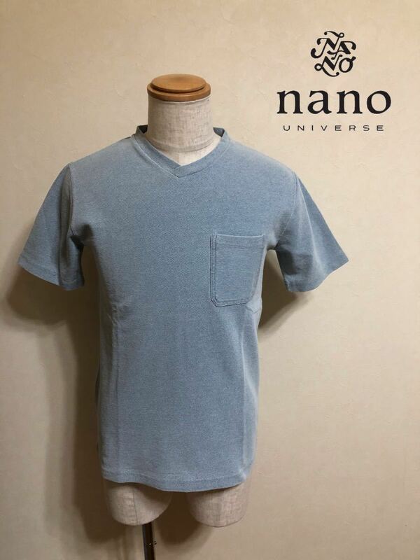 【新品】 nano universe ナノユニバース 鹿の子 インディゴ Vネック ポケット Tシャツ トップス サイズM 半袖 ライトインディゴ