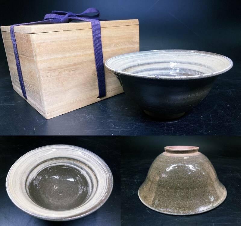 時代 古八代焼 刷毛目平茶碗 茶道具 茶器 陶器 古八代 刷毛目茶碗 共箱 古美術品