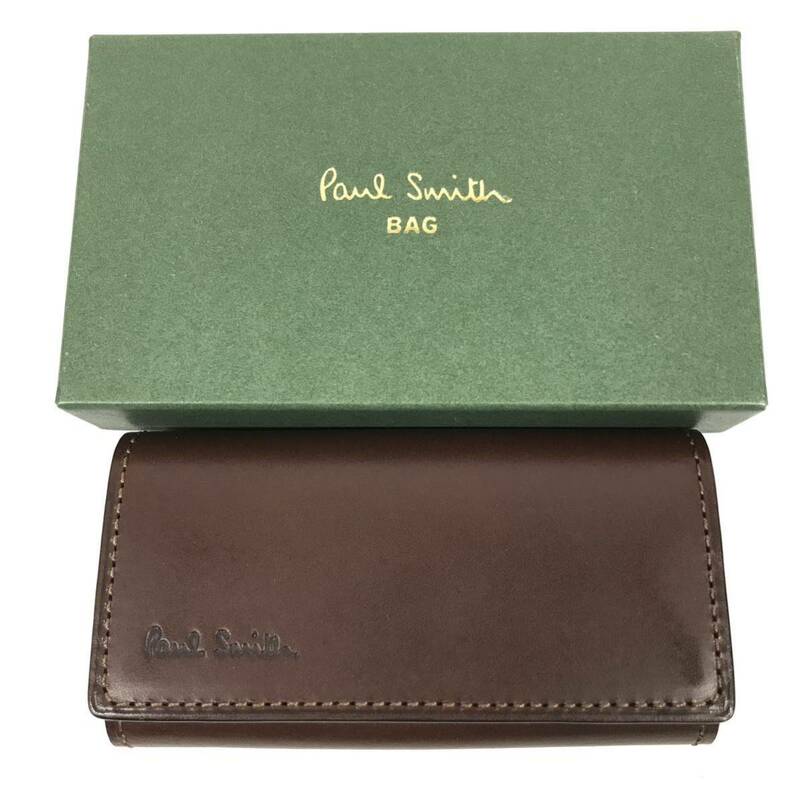 未使用品【ポールスミス】本物 Paul Smith キーケース 4連フック 茶 ロゴモチーフ キーリング 本革 レザー メンズ レディース 箱 送料520円