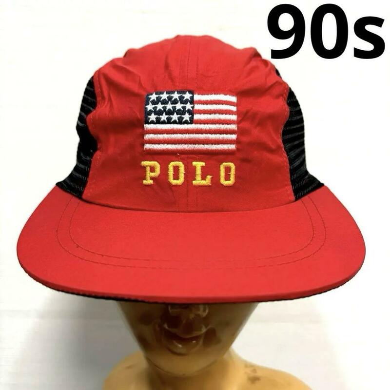 入手困難 希少 90s USA製 polo sport ポロスポーツ 赤 メッシュ ジェット フラッグ キャップ 星条旗 ラルフ ビンテージ アメリカ 古着 帽子