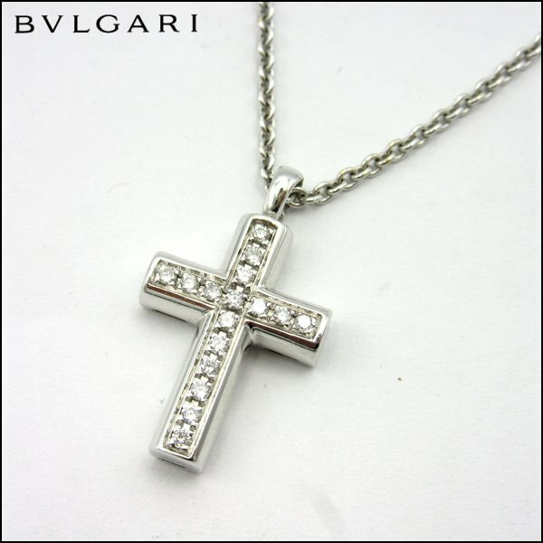 TS BVLGARI/ブルガリ ラテンクロスネックレス K18WG×ダイヤモンド 9.5g 全長40.0cm