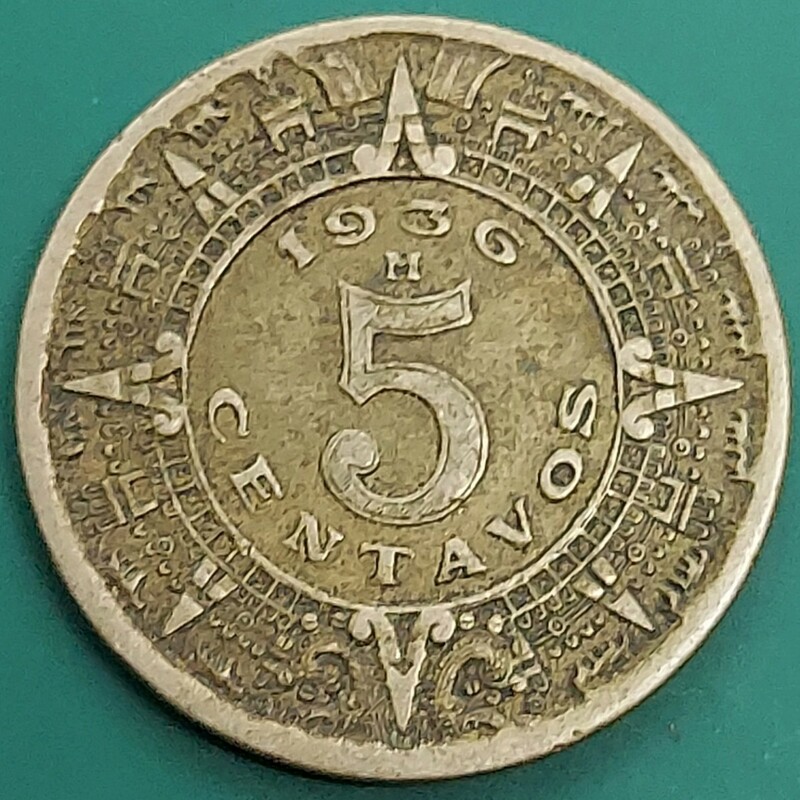 【51227】メキシコ　5センタボス　1936年　約20.6×1.5㎜　約3.91g　外国古銭　硬貨　アンティーク　骨董　美術品