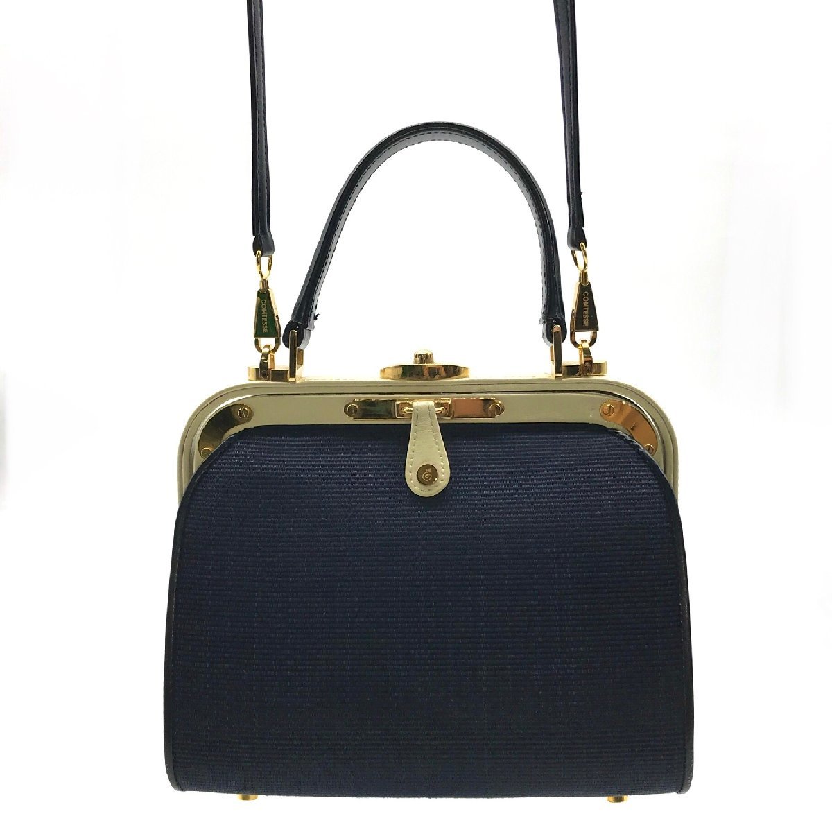 COMTESSE コンテス ホースヘアー x レザー 2WAY ハンド バッグ ネイビー 良品 K110