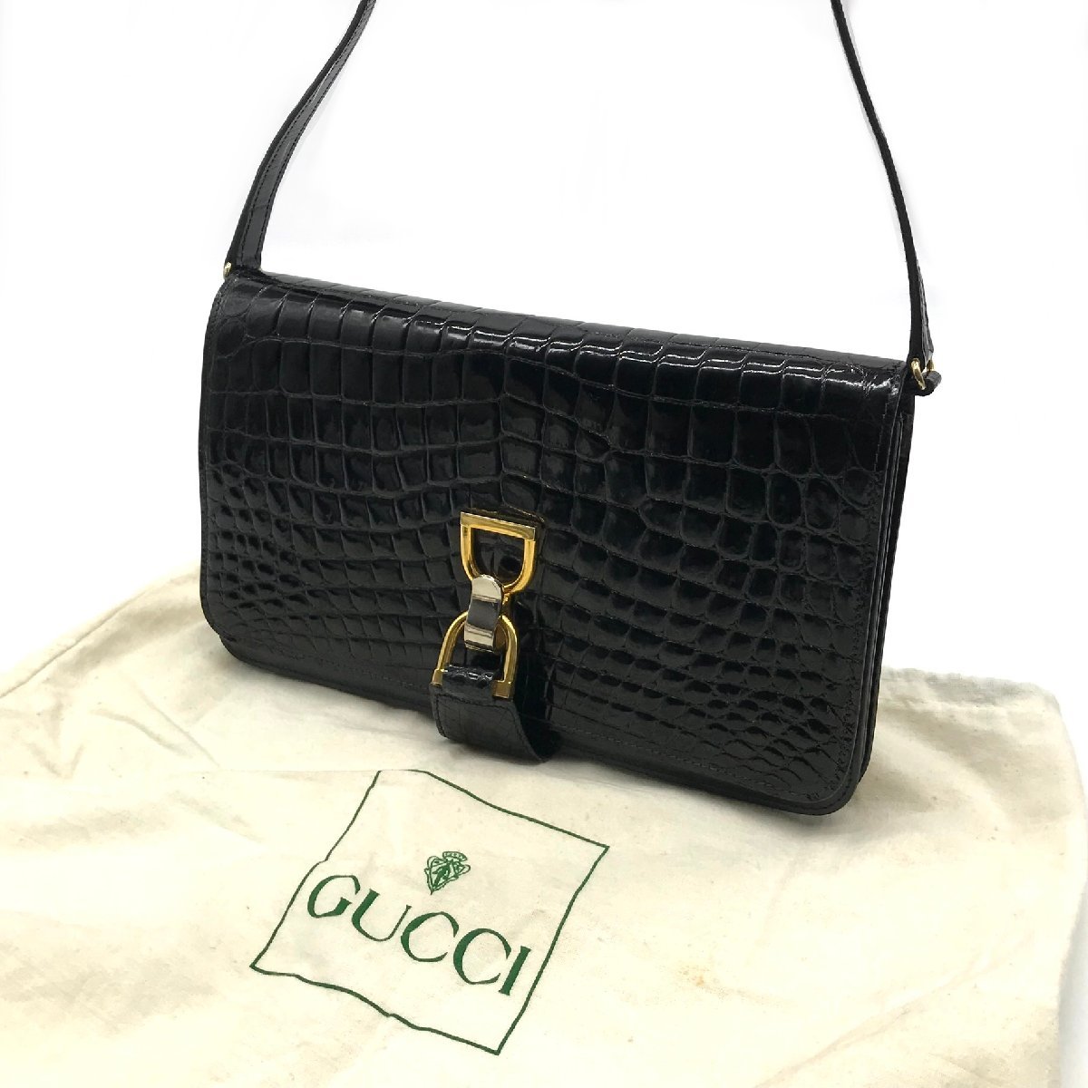 GUCCI グッチ 本クロコ ヴィンテージ ショルダー バッグ コンビxブラック 良品 M9758
