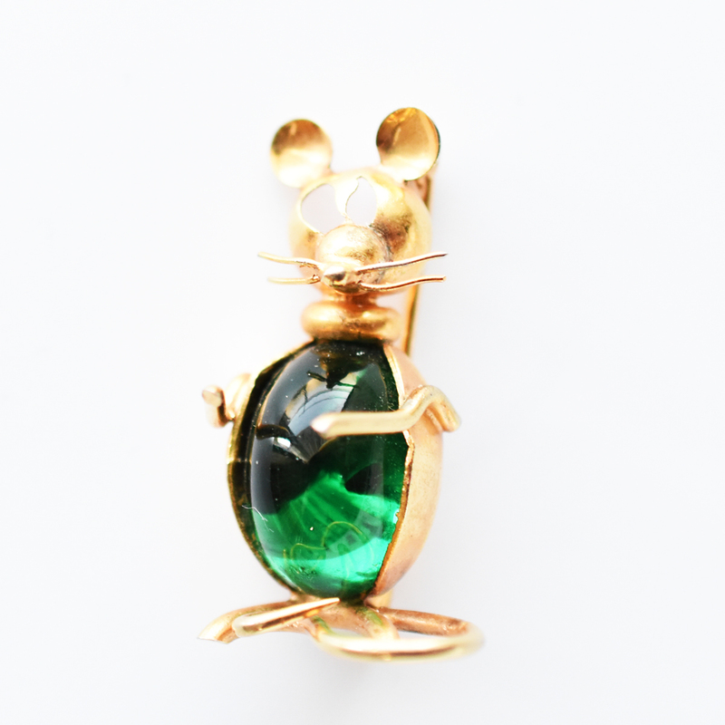 Vintage　1950’s　green glass　mouse brooch