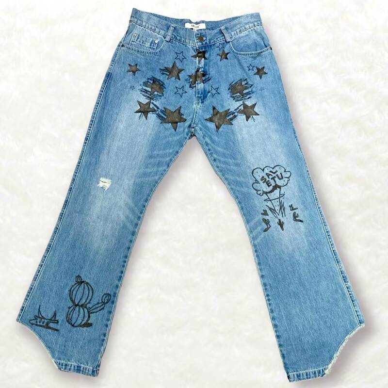 SALUTE CACTUS STAR JEANS 裾カット 星 プリント デニム