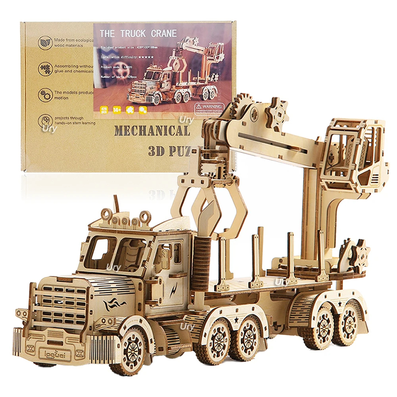 木製 3D 立体パズル 模型 キット クレーン車 ウッド パズル 大型 クレーン トラック 趣味 大人 知育 玩具 インテリア 装飾