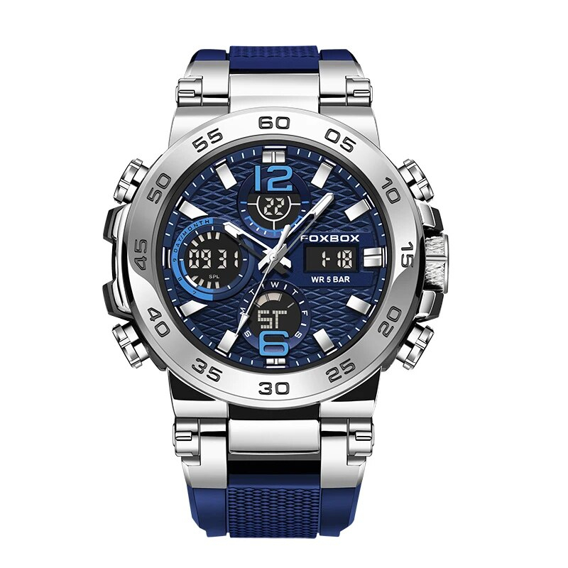 LIGE メンズ 腕時計 8622 高品質 クオーツ ミリタリー スポーツ デュアル ディスプレイ ウォッチ foxbox 防水 時計 シルバー × ブルー