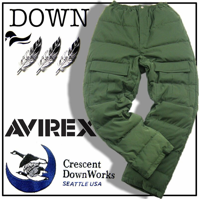 新品 アメリカ製 【AVIREX × Crescent Down Works】 ダウン パンツ 定価10万 オリーブ M 350446 アヴィレックス クレセントダウンワークス