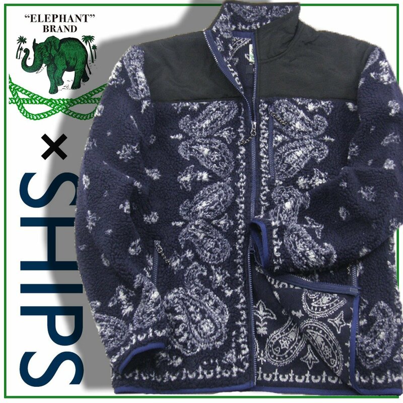 新品 WEB限定 【SHIPS 別注 ELEPHANT BRAND】バンダナ柄 ボア フリース ブルゾン M 350319 シップス エレファントブランド ジップ アウター