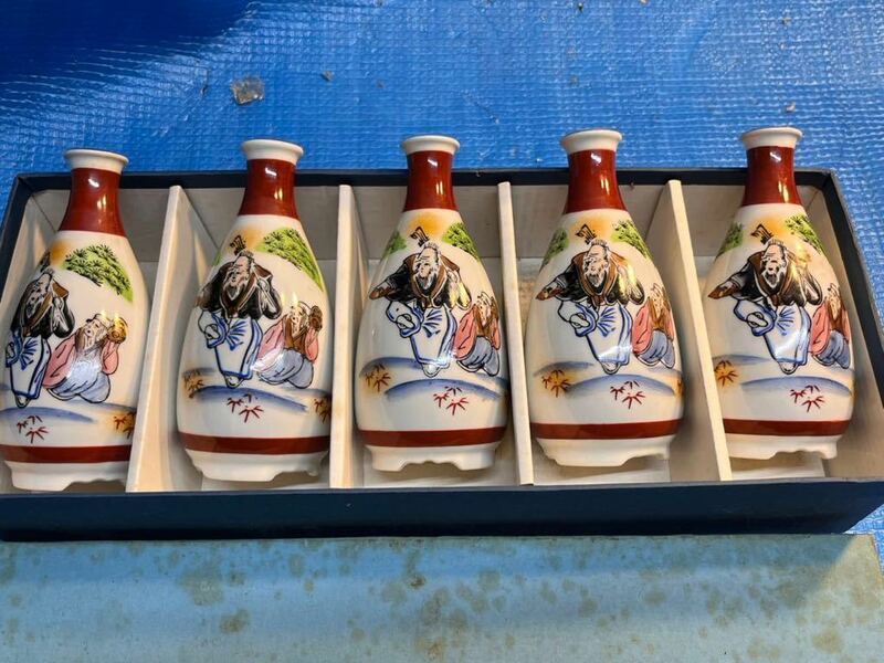九谷焼　徳利 5個セット　翁婆 酒器 紀念品 美術工芸品 刻印あり　陶器