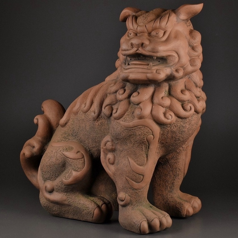 中国美術 時代 朱泥 狛犬 獅子 置物 高さ42.5㎝
