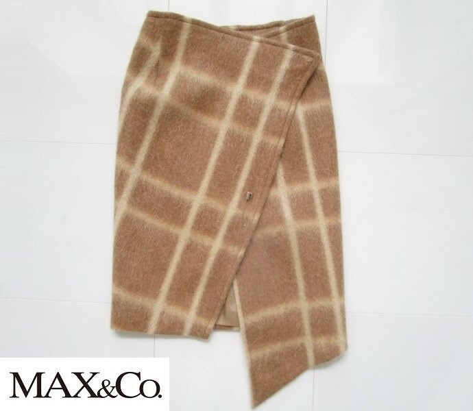 ◆マックス&コー Max&Co◆イタリア製 暖かウール 巻きスカート ベージュチェック柄 7号相当 Sサイズ ニットやセーターに最適