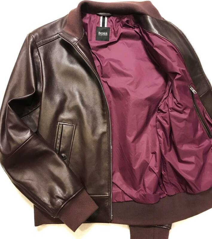 ★新品！★稀少カラー◆HUGO BOSS ヒューゴボス ラムナッパレザー ボンバージャケット MA1 ブルゾン バーガンディBOMBER-STYLE