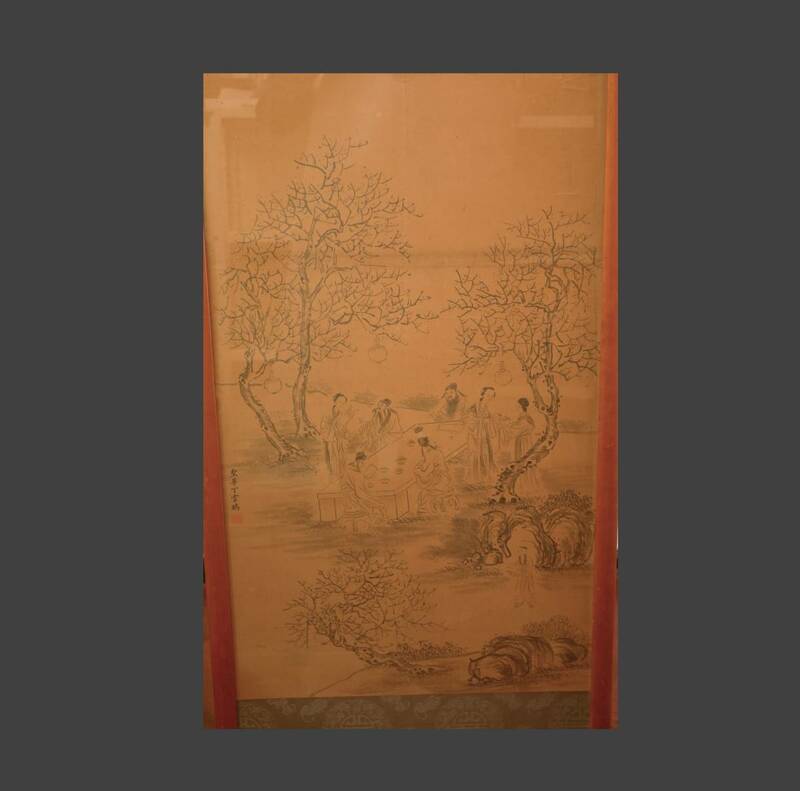 大幅値引き企画◆【 丁雲鵬 】水墨画 高級額装 絹紙表装128×60 絵画 掛軸 中国美術 43-12