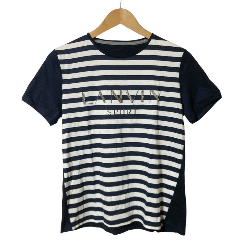 LANVIN SPORT ランバン スポーツ Tシャツ 半袖 ボーダー ロゴ ビーズ装飾 40 ネイビー 白 レディース A34