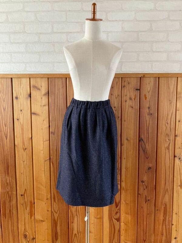 NATURAL BEAUTY レディース ウール混 スカート 38 M-Lサイズ位 紺 ウエストゴム タイトスカート 日本製 膝丈 上品 wool skirt S