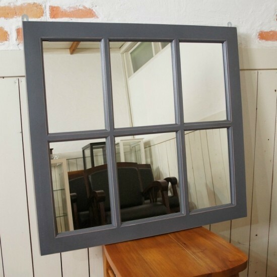 アンティーク調 木製窓枠 鏡 壁掛けミラー グレー 6枠