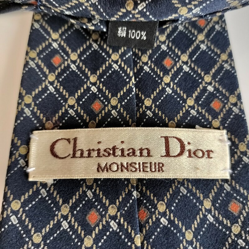 Christian Dior(クリスチャンディオール)紺チェックワンポイントロゴネクタイ