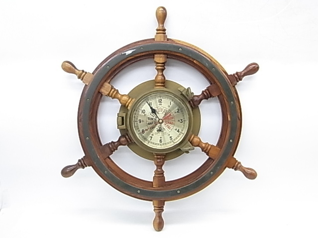 e10847　SHIP’S CLOCK　船時計　船　操舵輪型　木製　壁掛け時計　動作確認済