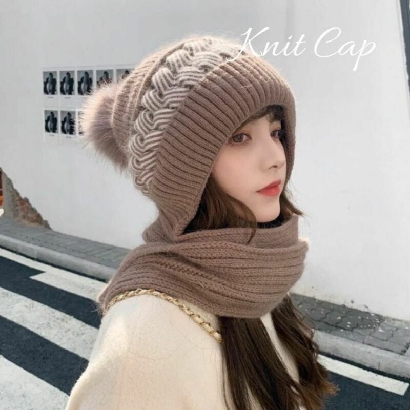 ブラウン　ニット帽　マフラー　バラクラバ　一体型　韓国　ニットキャップ　耳あて　防寒　冬　おしゃれ　送料無料　人気