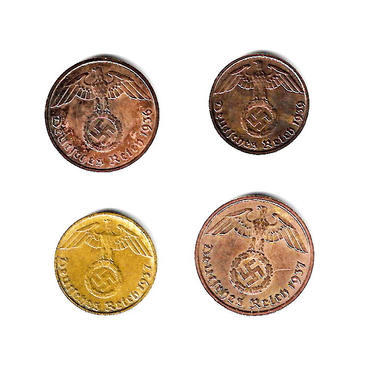 ドイツ 第三帝国　(鉤十字) - 1, 2, 5, 10 ライヒスペニヒ/青銅貨 黄銅貨★ZD-3