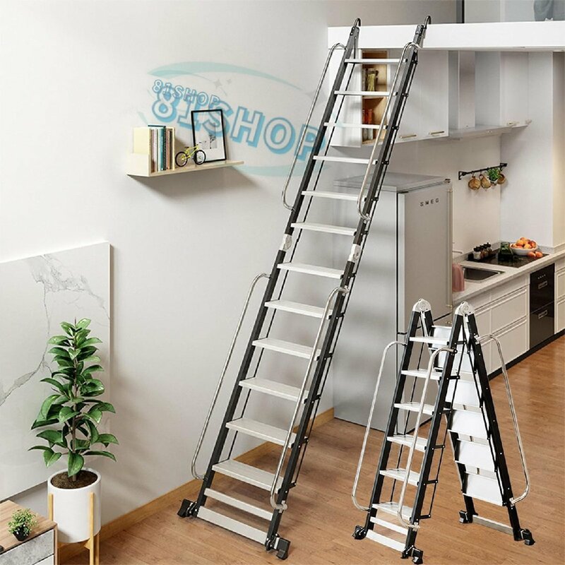 屋根裏階段 アルミ合金 ロフトはしご 階段 手すり付き 家庭用 折りたたみはしご 軽量 多機能 安全固定フック 幅広のペダル 10段