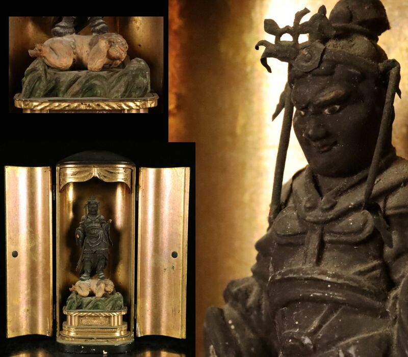 仏教美術 室町時代 厨子入 木彫 獅子乗り神将像 高さ29.5cm 寺院所蔵品[510219wt]