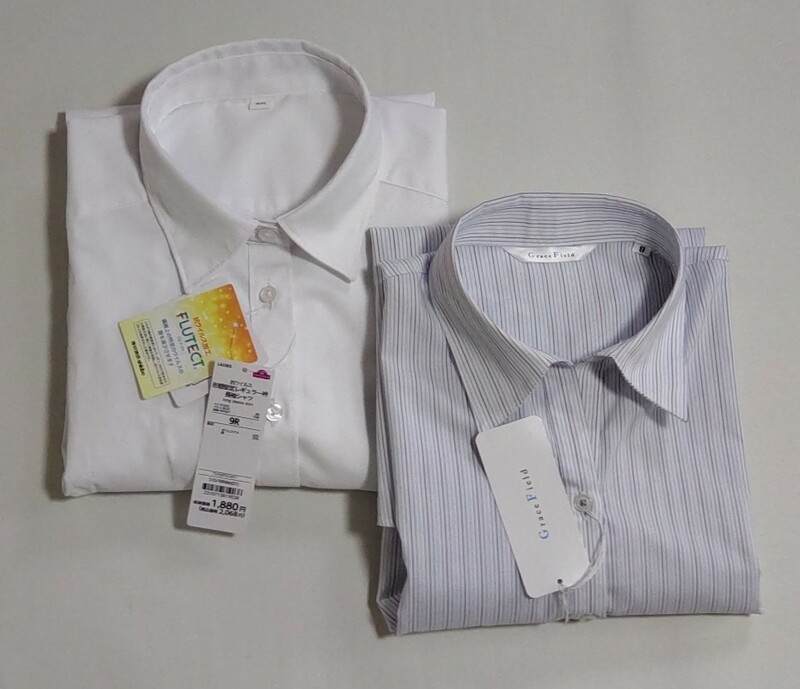 レディース　ビジネス　長袖ブラウス　２点セット　サイズ9R 白/ストライプ　ワイシャツ
