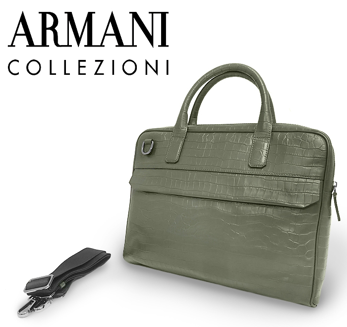 【美品】 アルマーニ コレツォーニ ARMANI 2WAY ビジネスバッグ ブリーフケース 鞄 クロコ型押し レザー カーキ グレー メンズ スリム 薄型