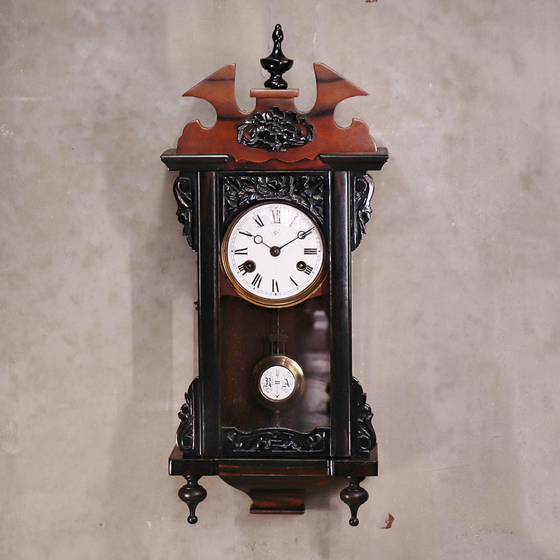 【開】ドイツ 『ユンハンス/Junghans』 黒柿彫刻スリゲル機械式小型柱時計 RA振子 掛時計 ウォールクロック AC314