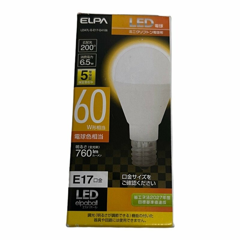 【未使用】ELPA エルパ LED電球 ミニクリプトン球形 口金E17 60W形 電球色 LDA7L-G-E17-G4106 箱破損あり L54385RE