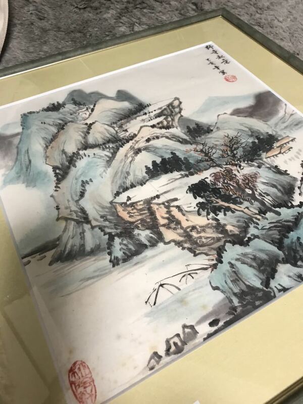 中国 美術 肉筆 野寺秘意　乙亥年寫 ？在銘　絵画 山水図 額装　書画 張大 大手信用金庫　贈答品　掛け軸