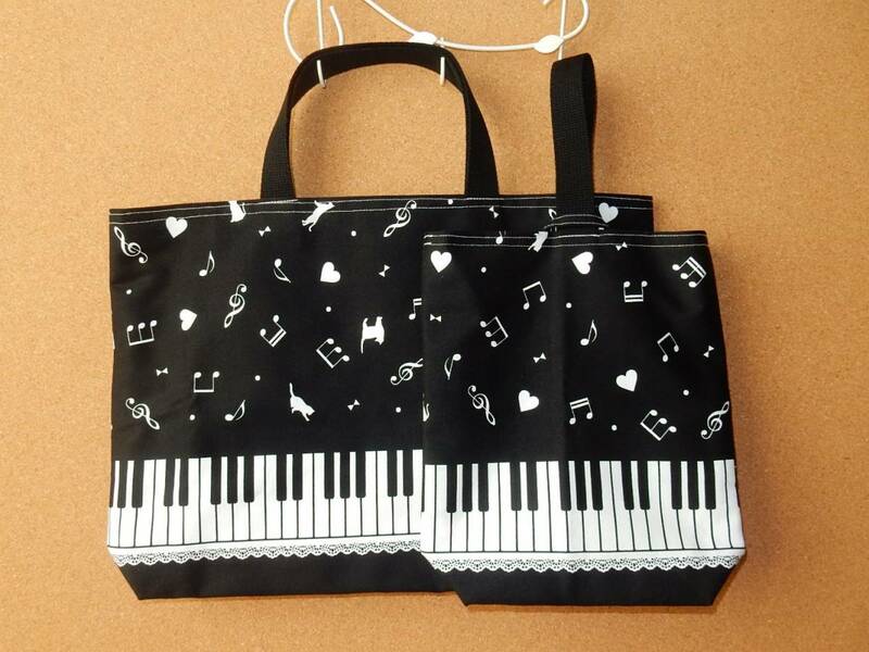 レッスンバッグ２点セット ピアノ 猫 音符 黒 201 入園入学 ハンドメイド 上履き袋