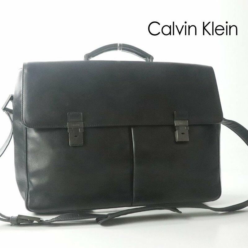 美品 Calvin Klein カルバンクライン 牛革 オールレザー 2WAY ショルダーバッグ 黒 ブラック ビジネス ブリーフケース メンズ-