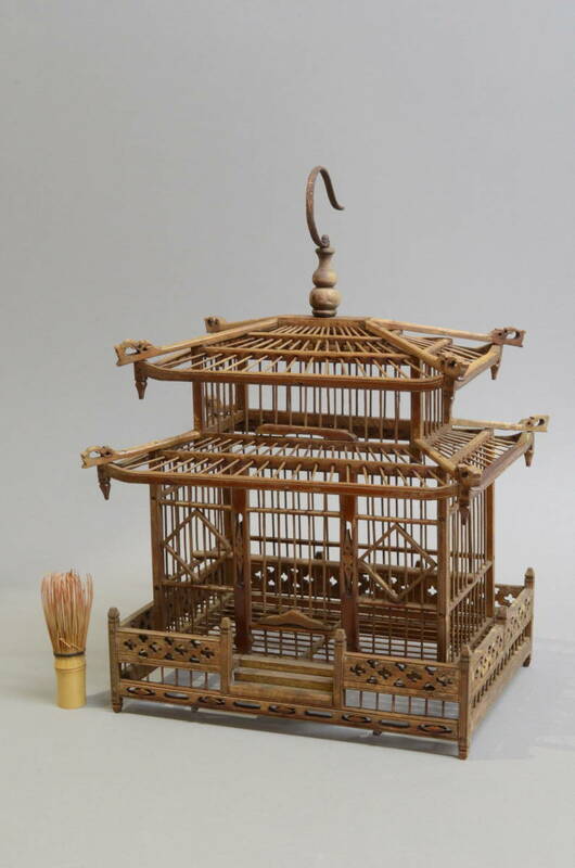 骨董 家型 竹製 鳥籠 　竹籠 中国 アンティーク とり籠 バードゲージ インテリア 美術品