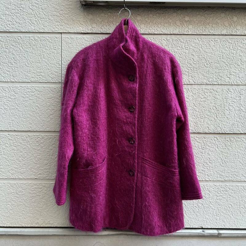80s USA製 モヘアコート モヘアジャケット 赤紫 パープル Loring ウールコート アメリカ製 古着 vintage ヴィンテージ 毛足長 モヘア