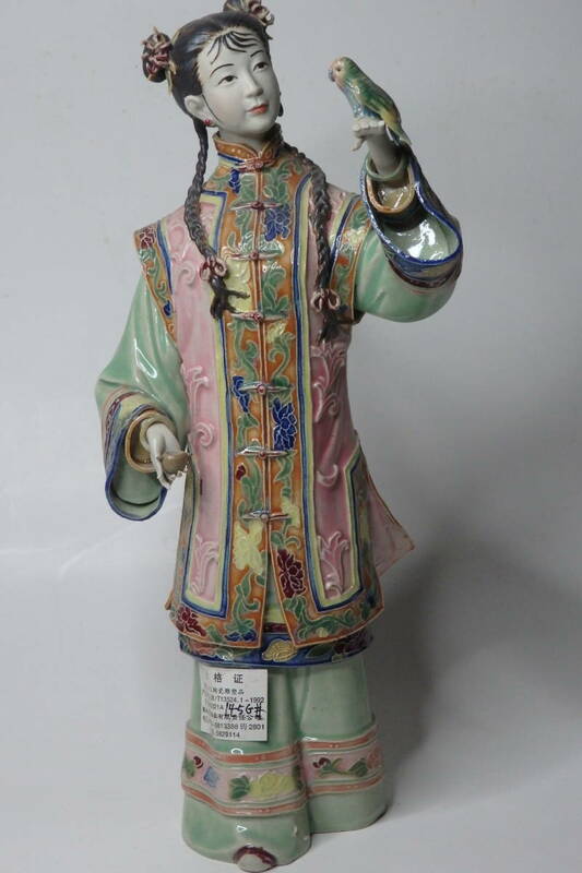 【友】中国美術 陶器　粉彩人物瓷塑　玩鳥美人　置物 時代古玩