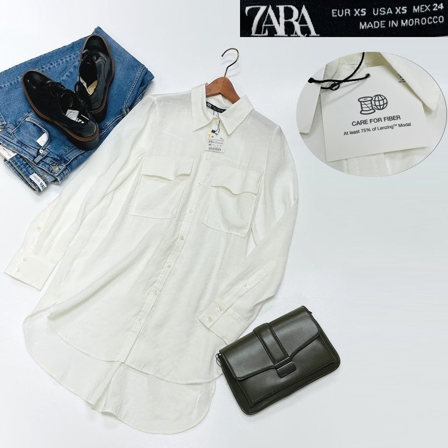 /XS/ ZARA ホワイト ロングシャツ ポケット レディース タグ カジュアル トップス 通勤 フェミニン 大人可愛い白 デイリー ザラ