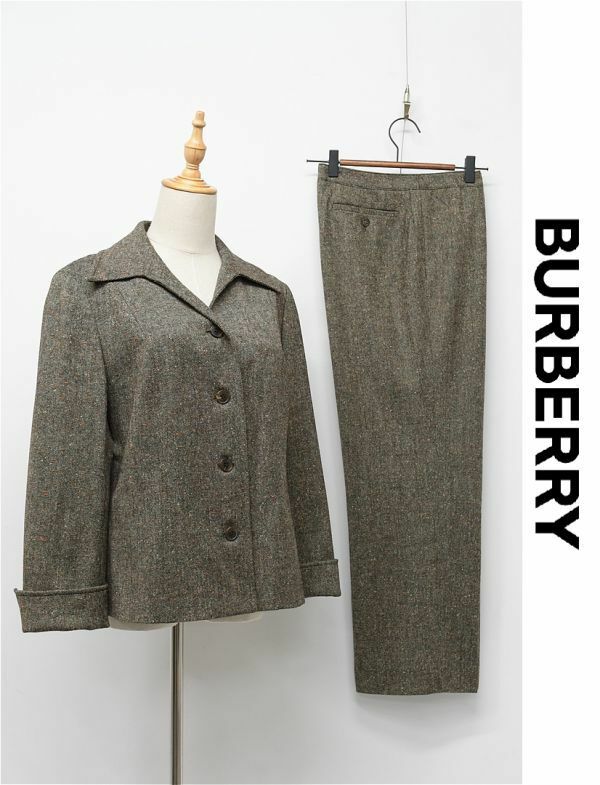 HGC-U251/美品 BURBERRY LONDON ツイード セットアップ スーツ ジャケット パンツ 4つボタン カシミヤ混 イタリア製生地 13 XL ブラウン