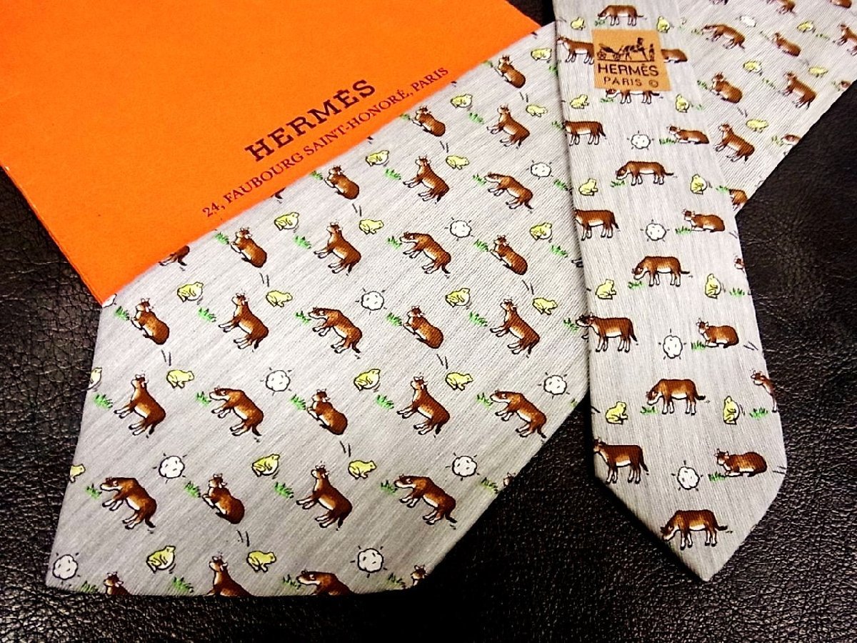 ♪vr0720♪良品♪【HERMES】エルメス【蛙 カエル 牛 ウシ 動物 柄】ネクタイ