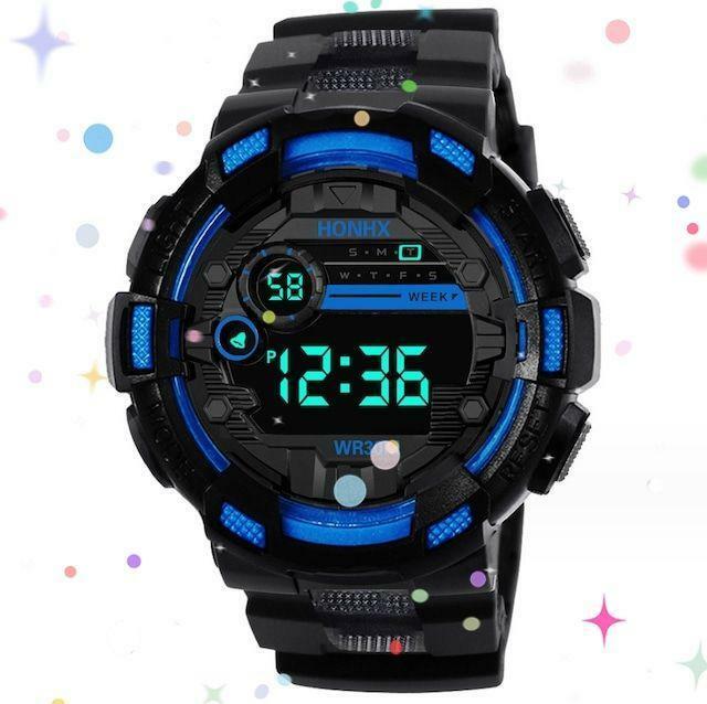 T0459 腕時計 LED デジタル多機能 黒/ブルー