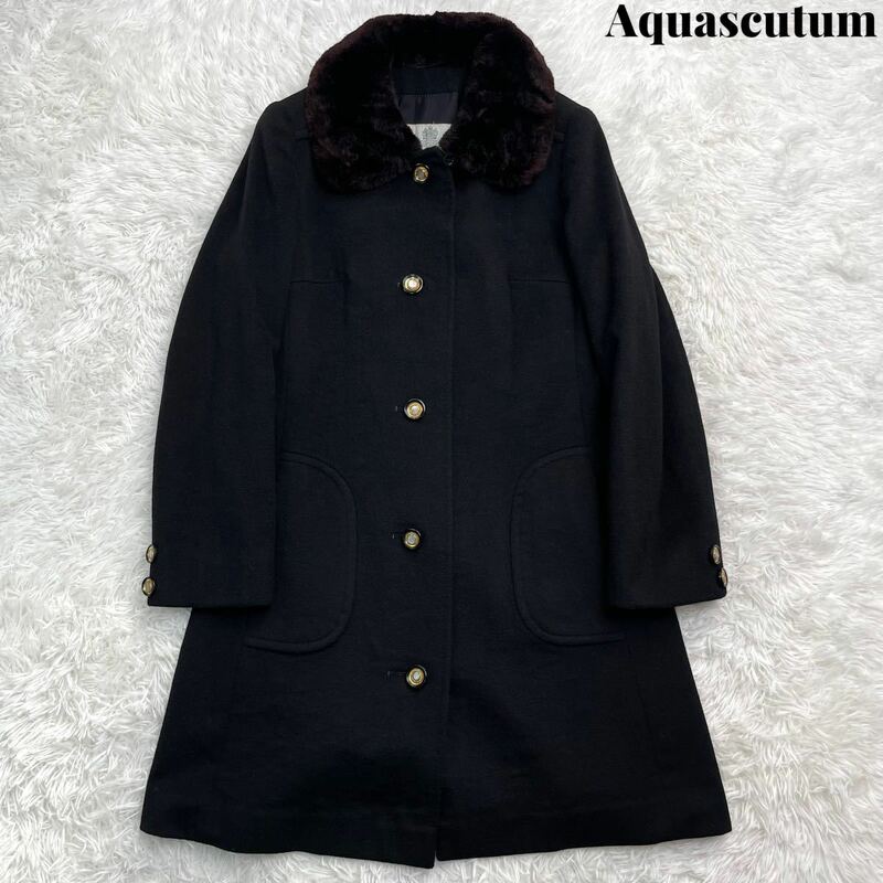 【美品】Aquascutum アクアスキュータム ファー カシミヤ ウール コート 金ボタン ブラック 高級